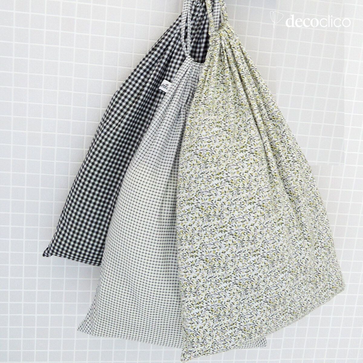 Lot de 3 sacs à linge en coton imprimé blanc et fleuri, quadrillé, vichy Romy 36
