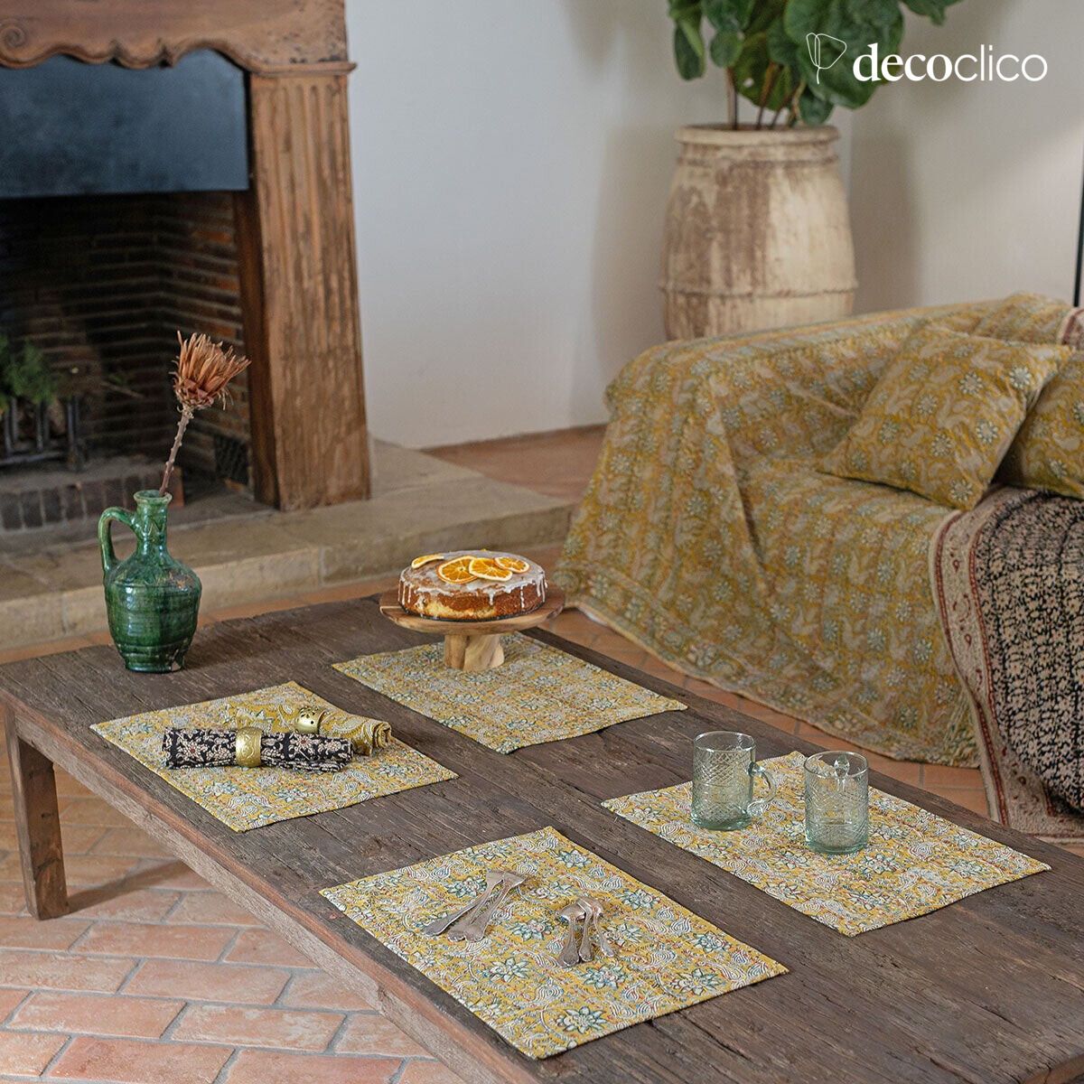 Lot de 4 sets de table en coton block print matelassé dominante jaune Pamir