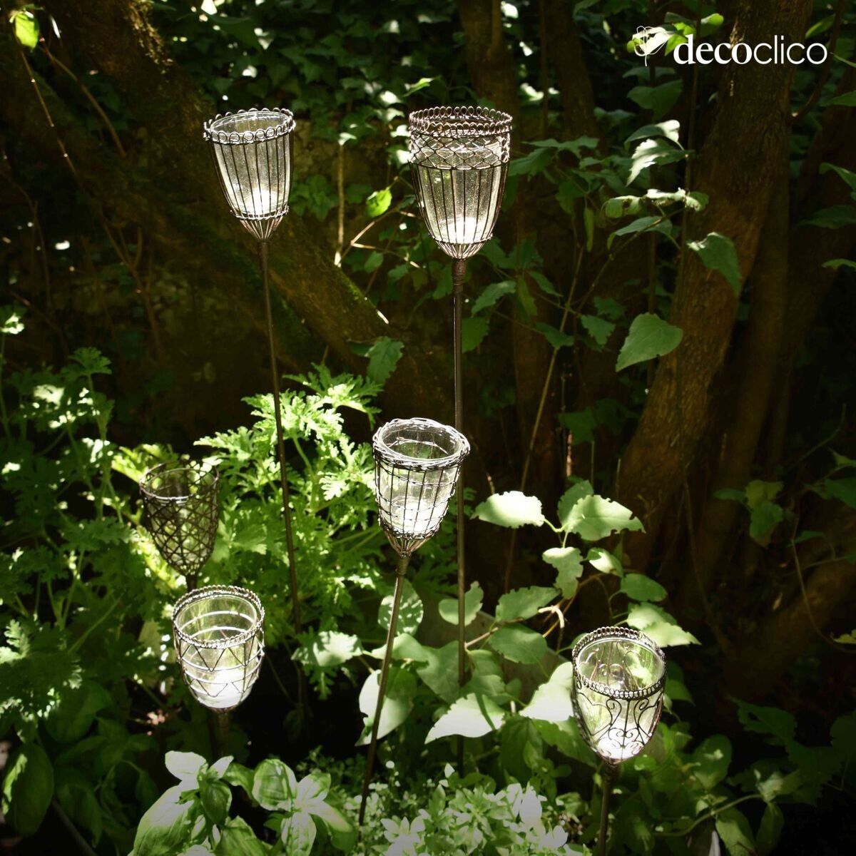Lot de 6 photophores à planter en métal vieilli