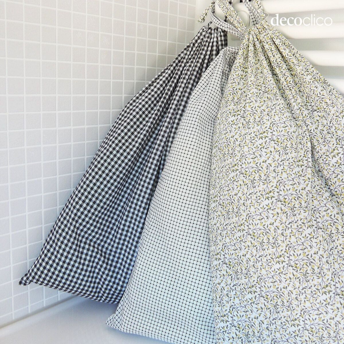 Lote de 3 bolsas de lavandería de algodón estampado blanco y floral, cuadriculado, vichy Romy 36