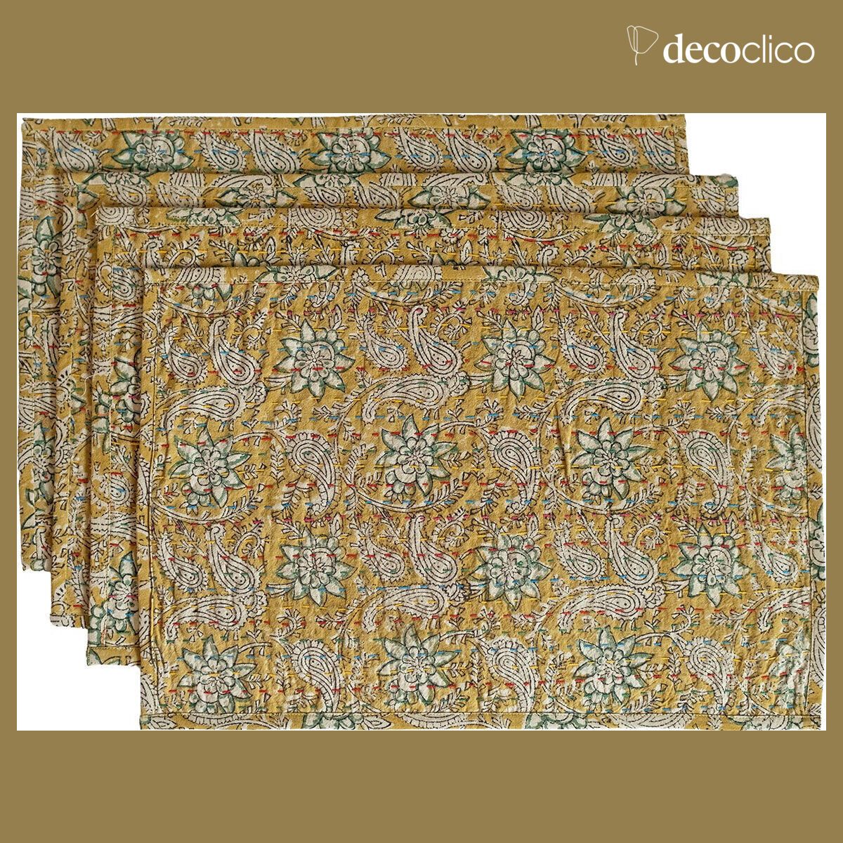 Lote de 4 manteles individuales de algodón estampado en bloque acolchado con predominio del amarillo Pamir