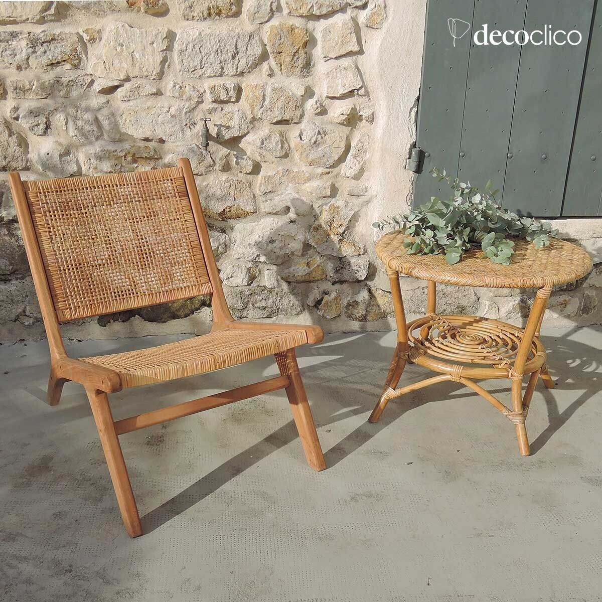 Low lounge chair in teak wood and rattan weave Alberto