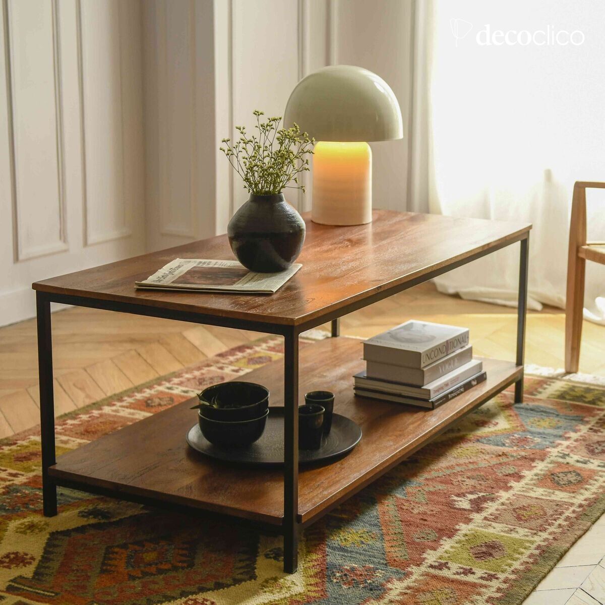 Low table in matt black metal with double mango wood top Brooke