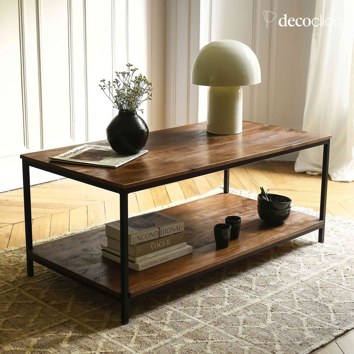Low table in matt black metal with double mango wood top Brooke