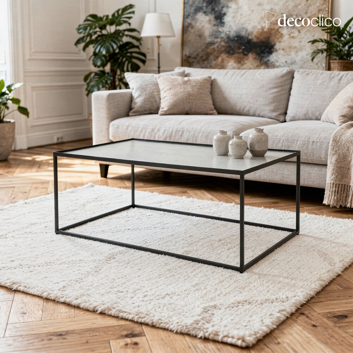 Low table in matt black metal with glass top Nevada