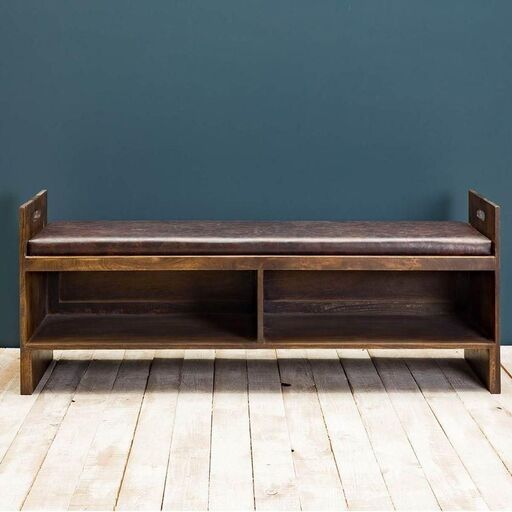 Banc en cuir brun et manguier naturel Stevie avec rangement Chehoma | Decoclico