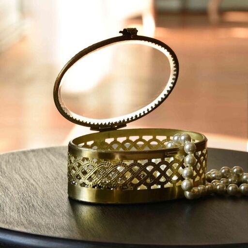 Boîte à bijoux ovale verre et métal couleur laiton antique Anastasie | Decoclico