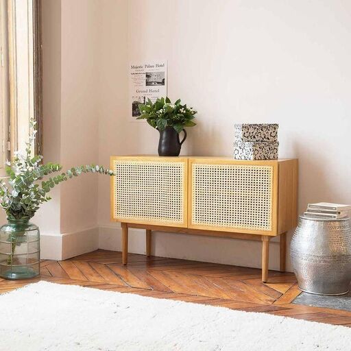 Buffet en plaqué chêne et cannage en rotin | Decoclico