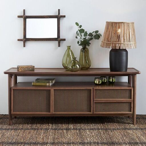 Buffet meuble TV en acacia massif teinté noyer et tatami Koben | Decoclico