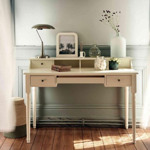 Bureau secrétaire en manguier peint blanc crème Mareuil | Decoclico