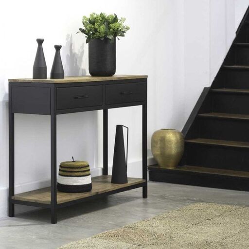 Consolle in metallo nero opaco e ripiani in legno di mango | Decoclico