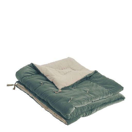 Edredon sur-matelas avec pompons en velours de coton céladon | Decoclico