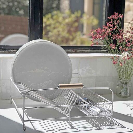 Egouttoir de cuisine en métal blanc mat et anses bois | Decoclico