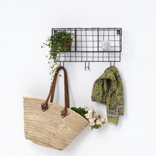 Etagère murale en métal grillagé anthracite 3 paniers et crochets Greed | Decoclico