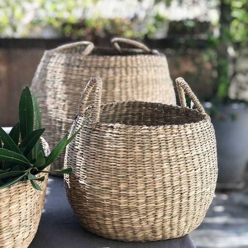 Set de 2 paniers boules en jonc de mer à anses | Decoclico