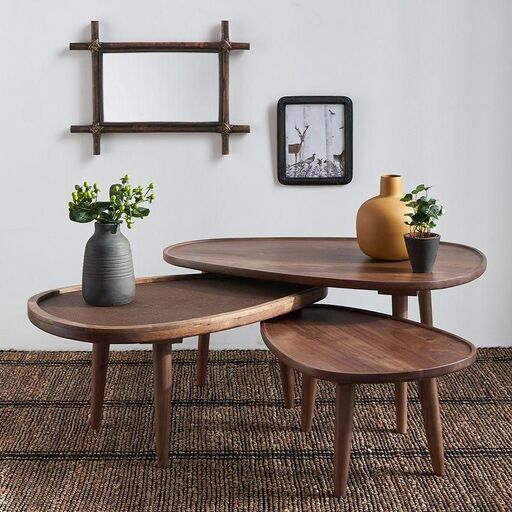 Set de 3 tables basses gigognes en acacia massif teinté noyer et tatami Koben | Decoclico