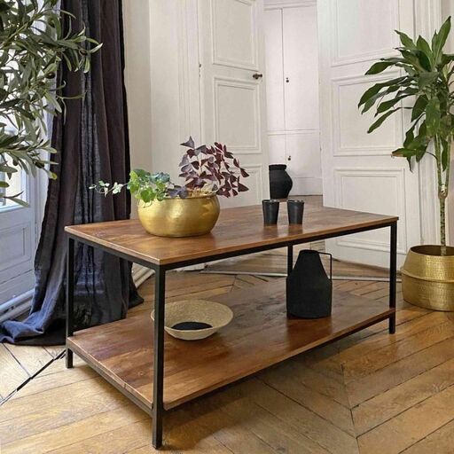 Table basse en métal noir et manguier | Decoclico
