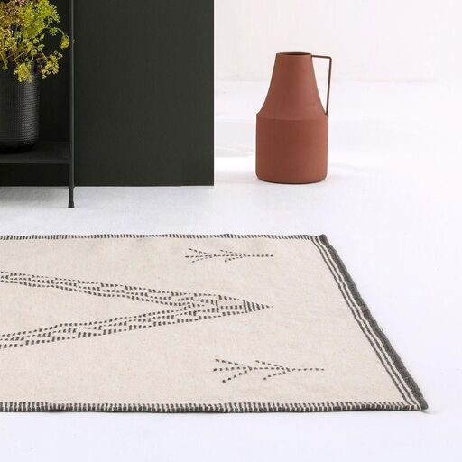 Tapis en laine écru à motif noir tissé main | Decoclico