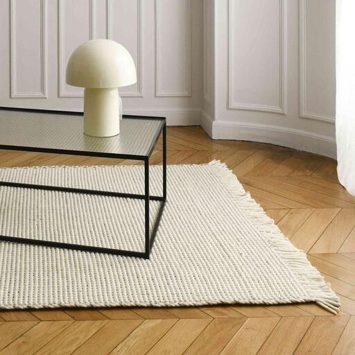 Rechteckiger Teppich aus geflochtener Wolle in off-white, handgewebt | Decoclico