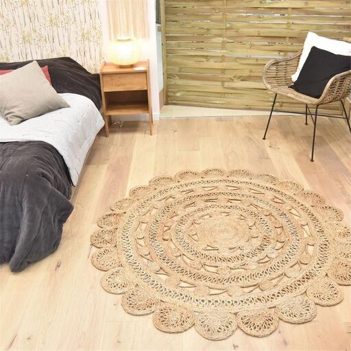 Tapis rond fleur en jute naturel tissé main  | Decoclico