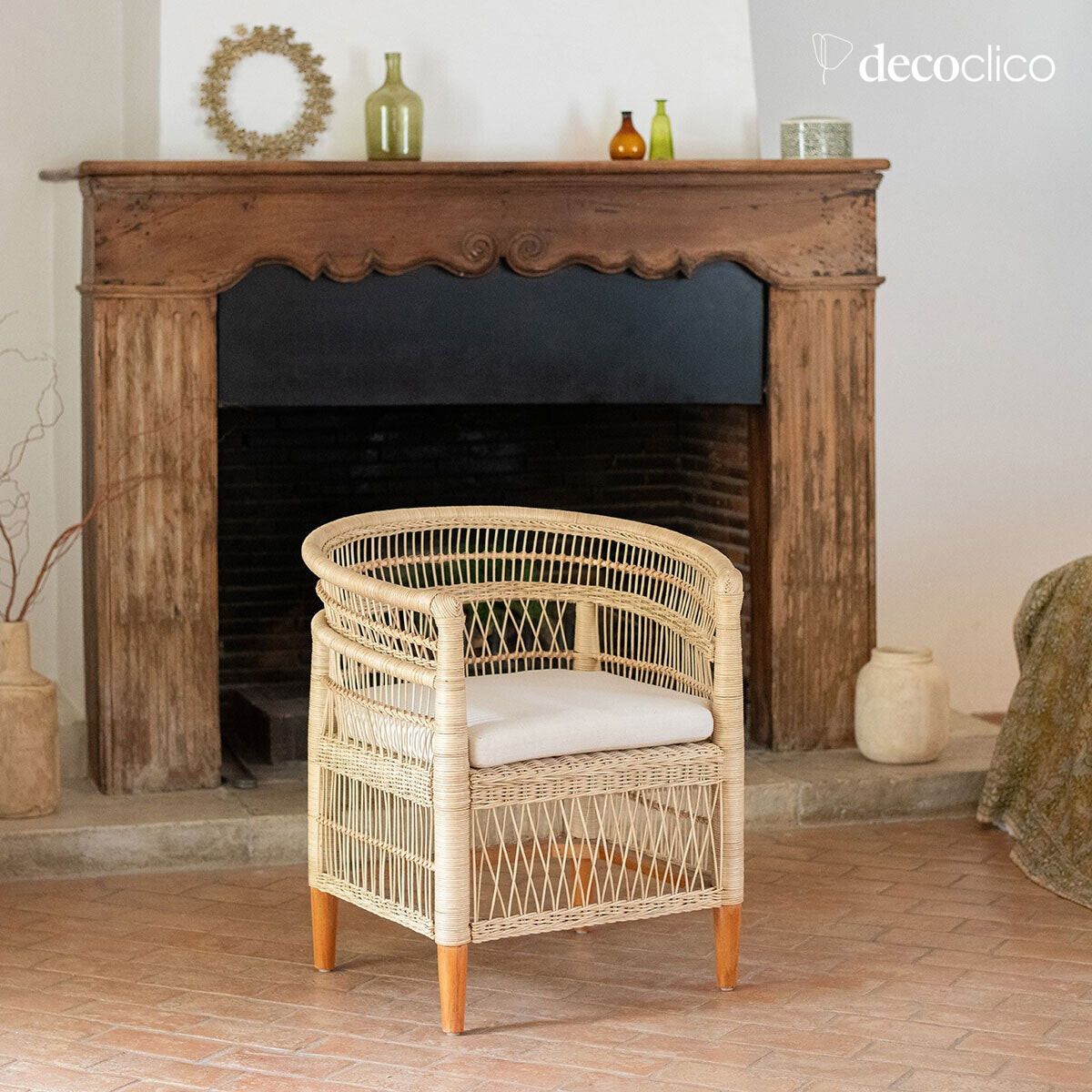 Rattan armchair with chevron canvas seat cushion Malawi