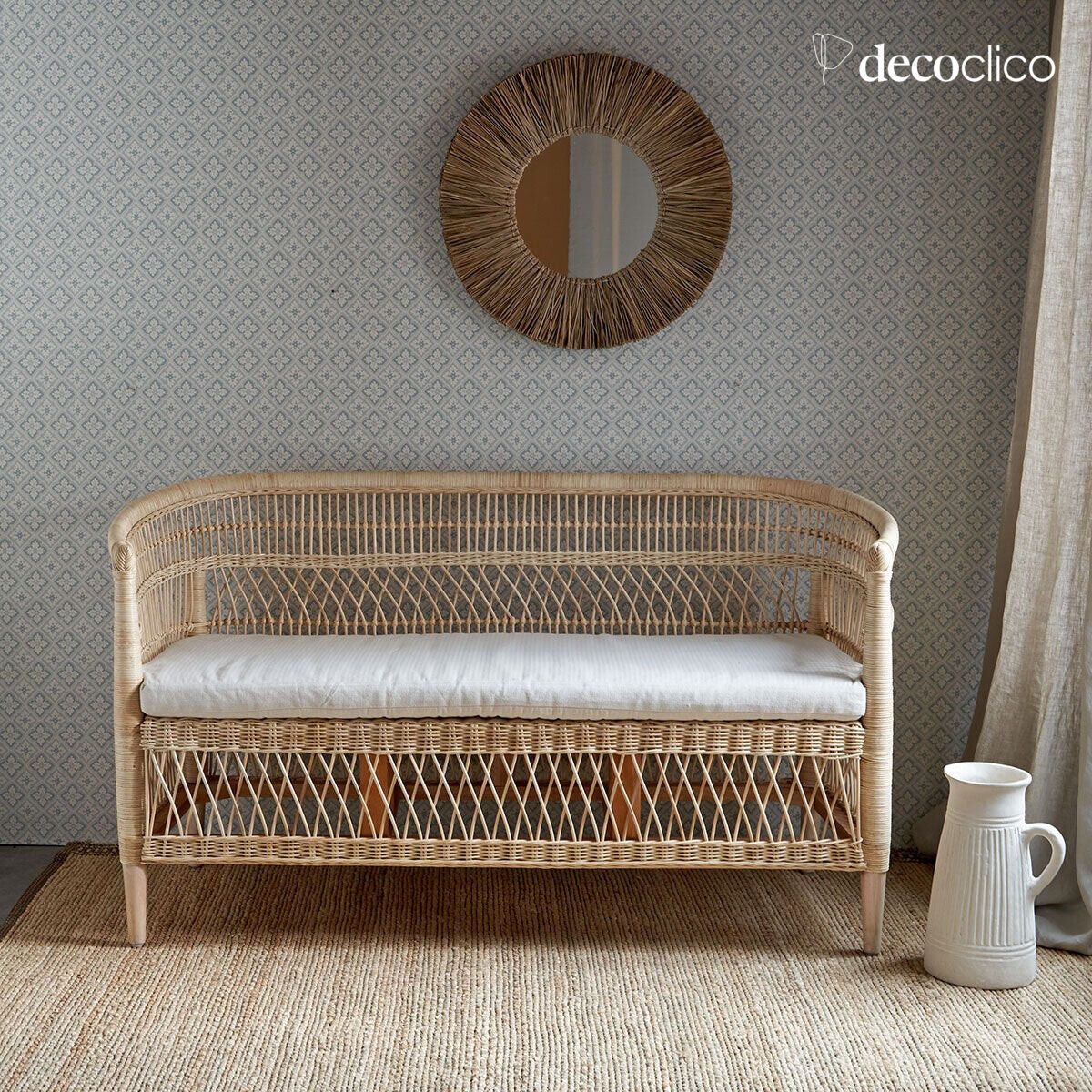 Malawi-inspired rattan bench with chevron canvas seat cushion