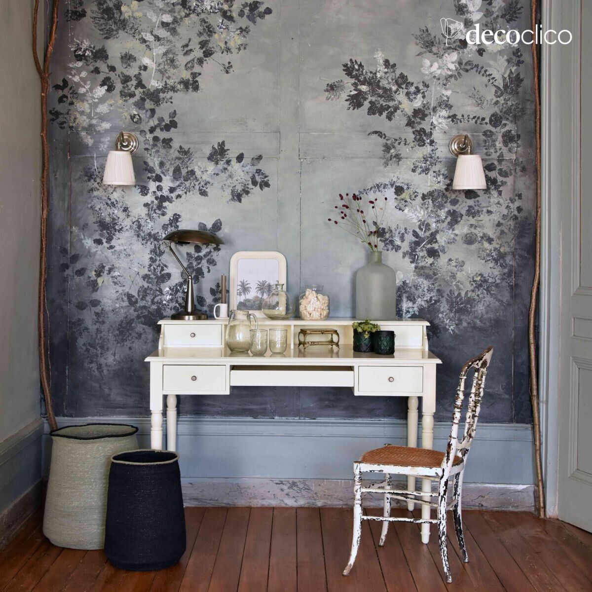 Mango houten secretaire, roomwit geschilderd Mareuil