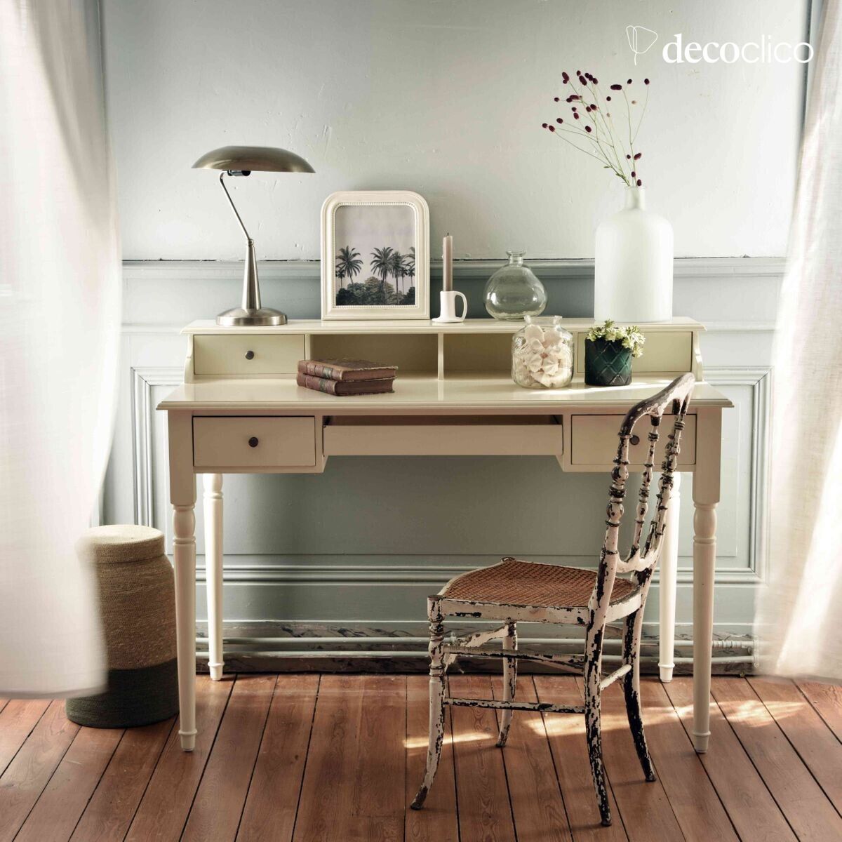 Mango houten secretaire, roomwit geschilderd Mareuil