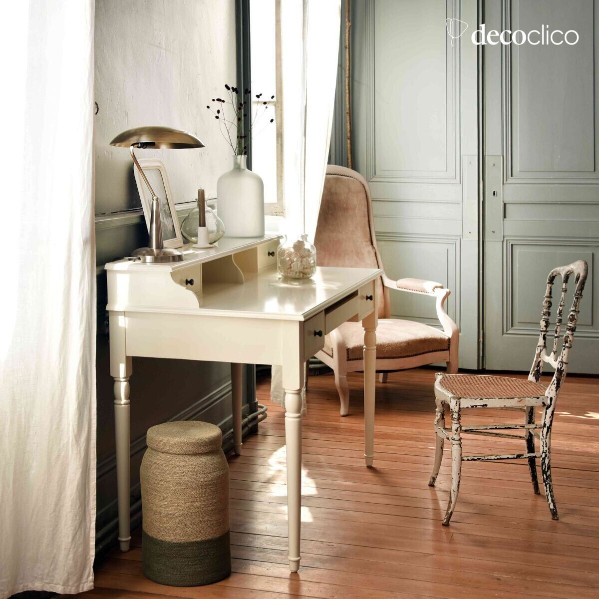 Mango houten secretaire, roomwit geschilderd Mareuil