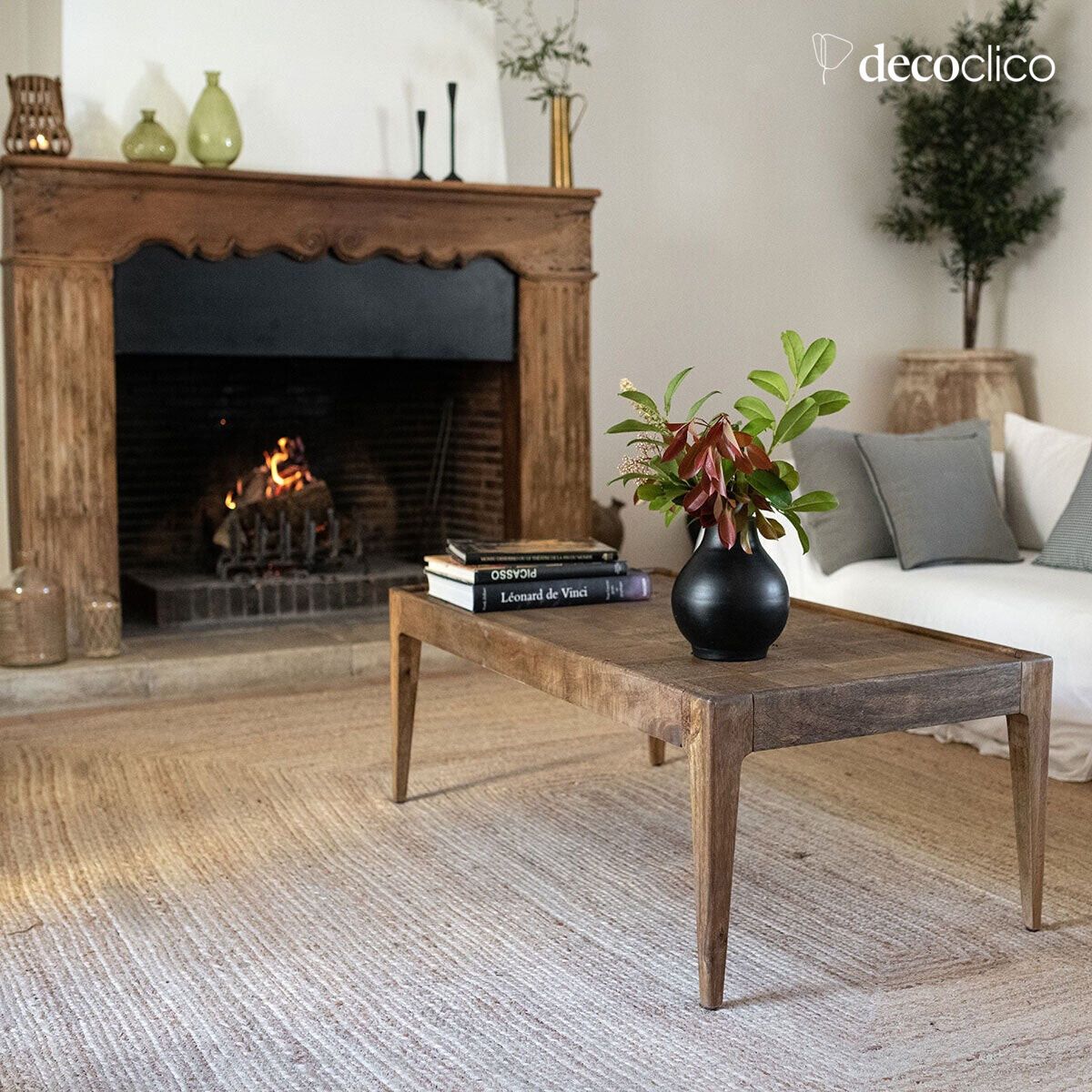 Mango wood coffee table with marquetry motif top Garenne