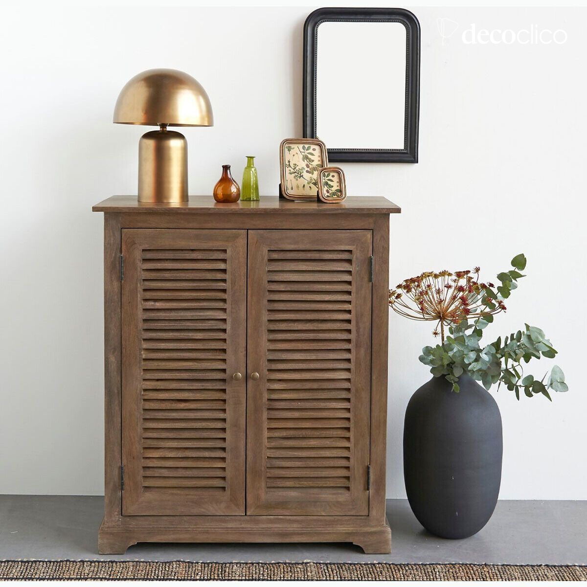 Mango wood sideboard with two doors in vintage louvered style Sienne