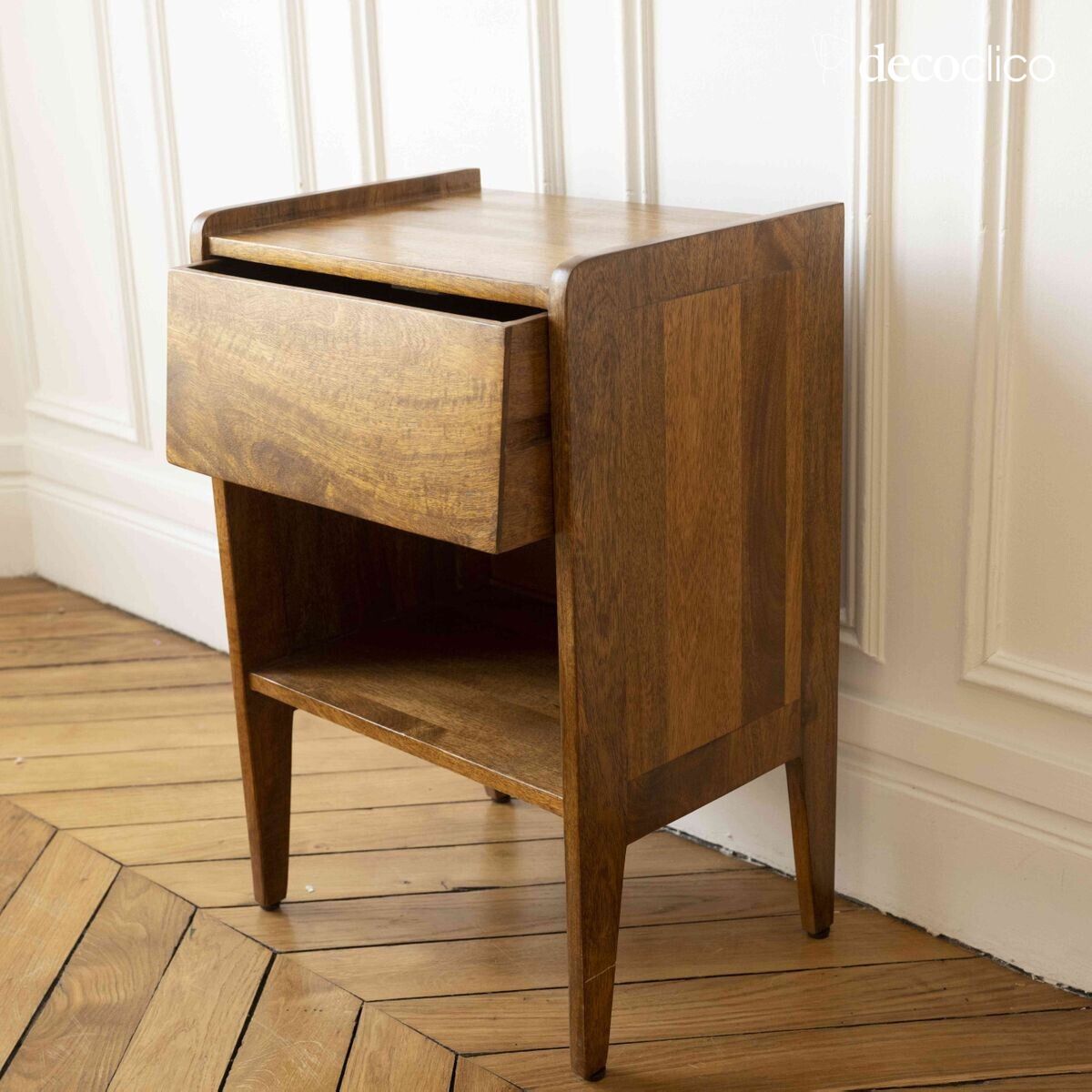 Mangoholz-Nachttisch 1 Fach 1 Schublade  Vintage