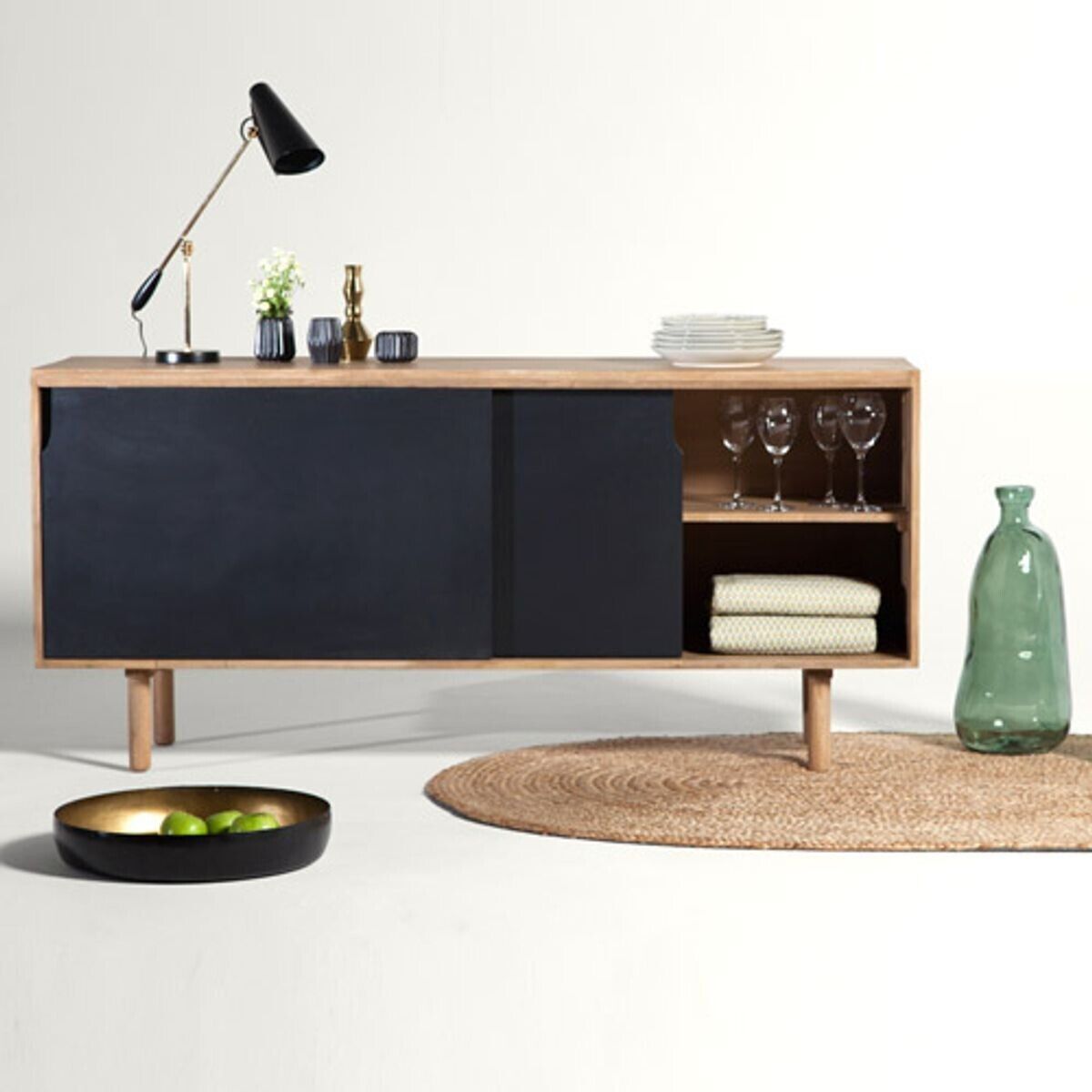 Mangohouten dressoir met 2 schuifdeuren, naturel en zwart Hanko