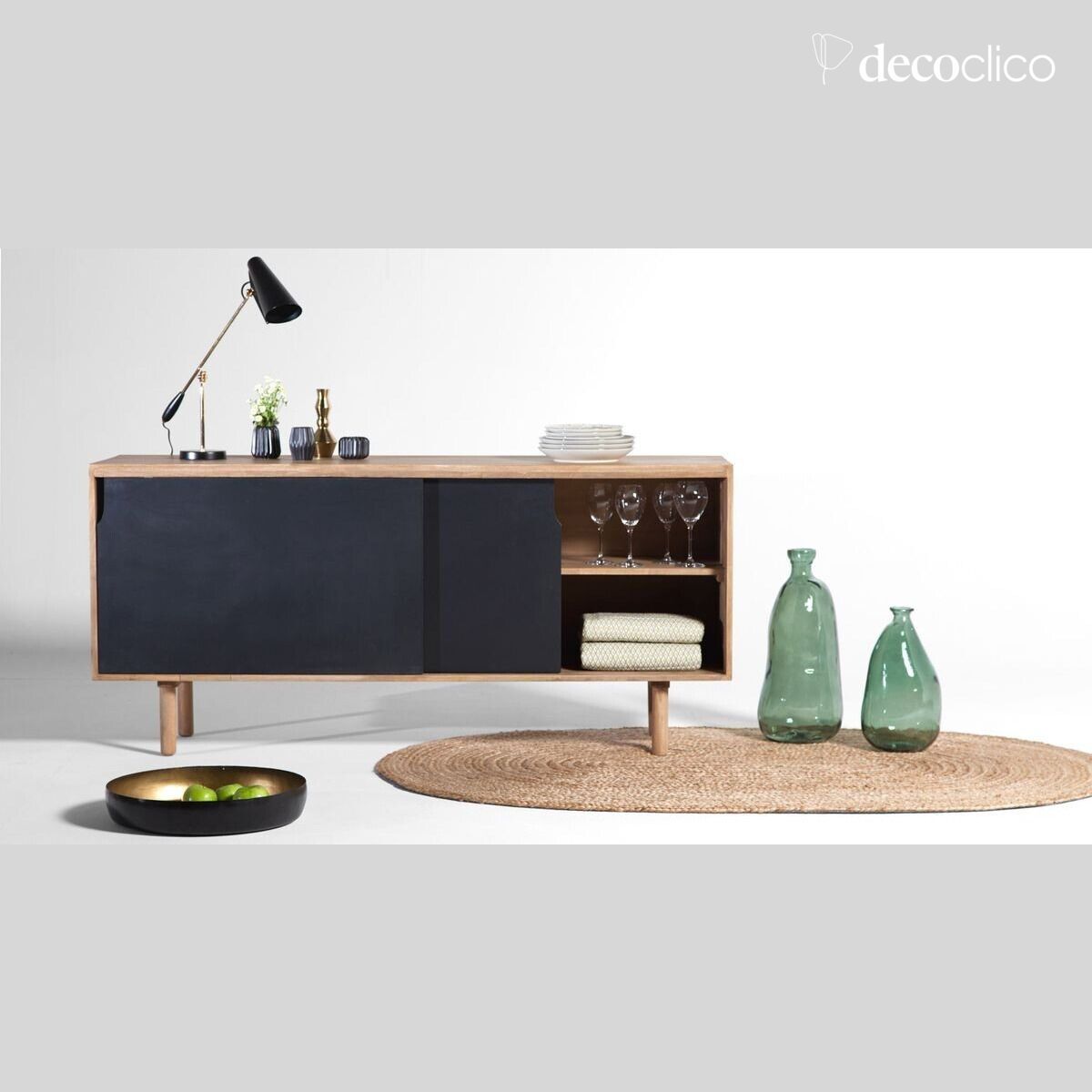 Mangohouten dressoir met 2 schuifdeuren, naturel en zwart Hanko