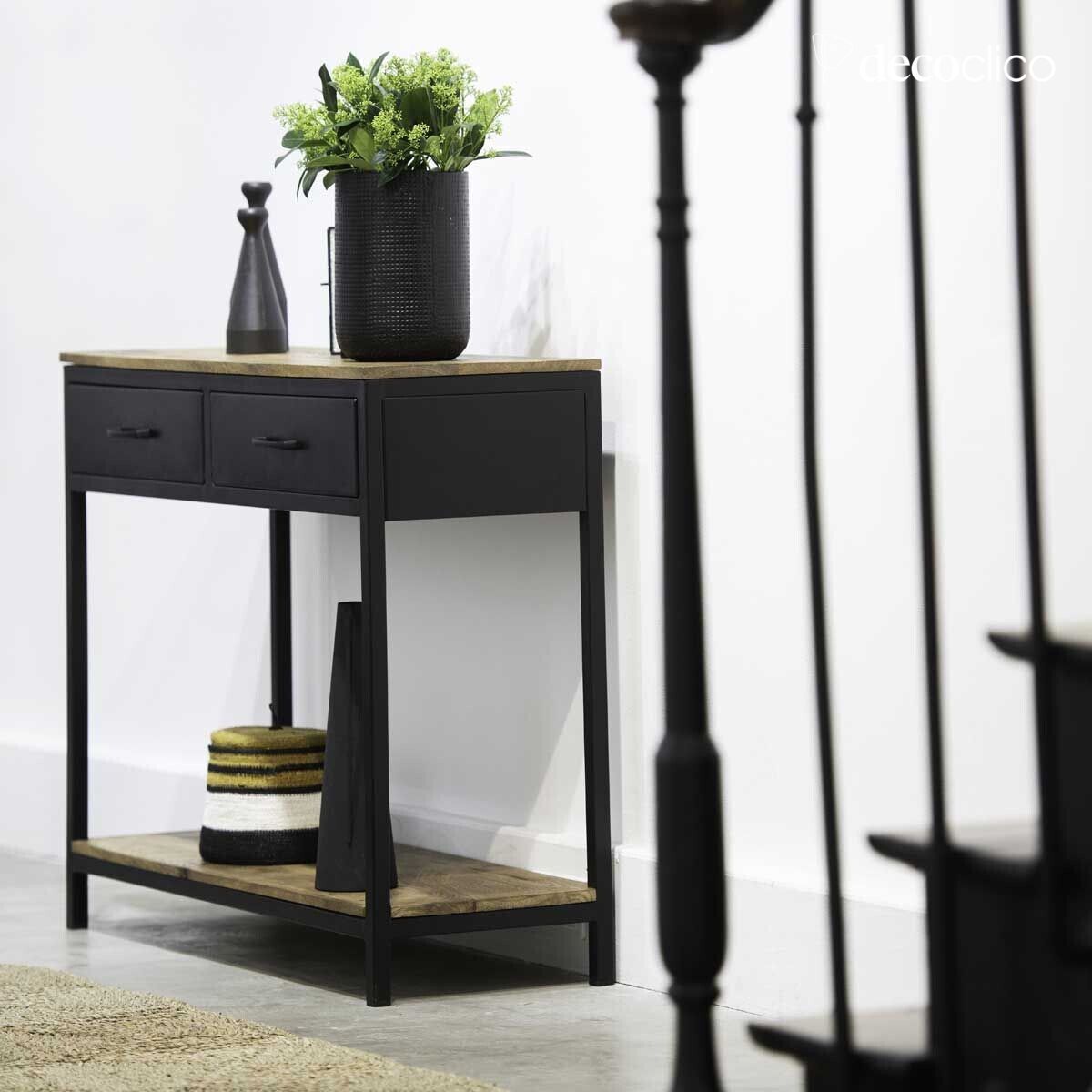 Matt black metal console with mango wood tops and 2 drawers Brooke