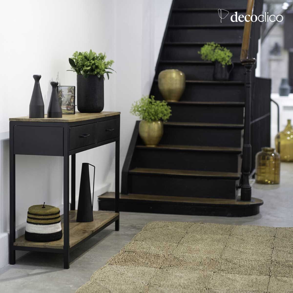 Matt black metal console with mango wood tops and 2 drawers Brooke