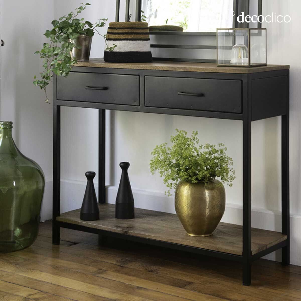 Matt black metal console with mango wood tops and 2 drawers Brooke