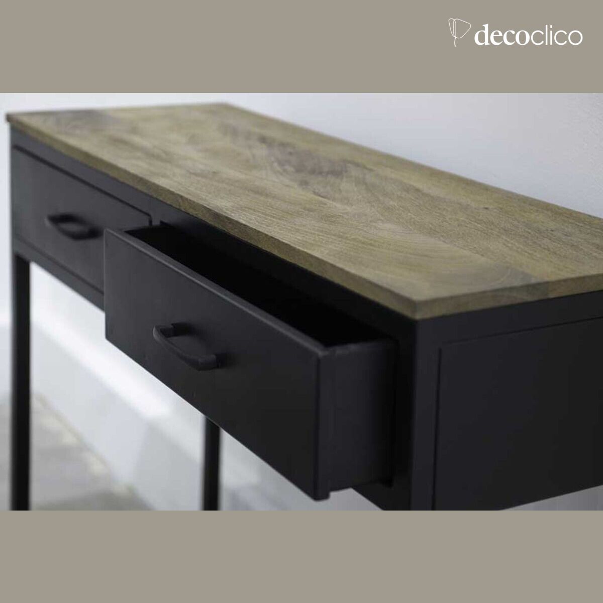 Matt black metal console with mango wood tops and 2 drawers Brooke