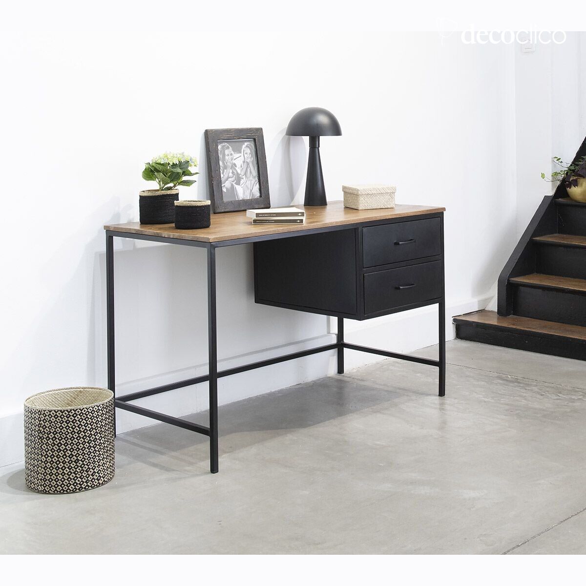Matt black metal desk and mango wood top with 2 drawers Brooke
