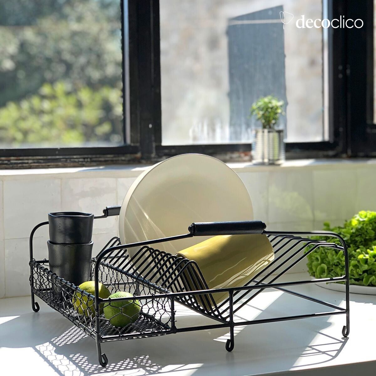 Matt black metal dish rack with wooden handles