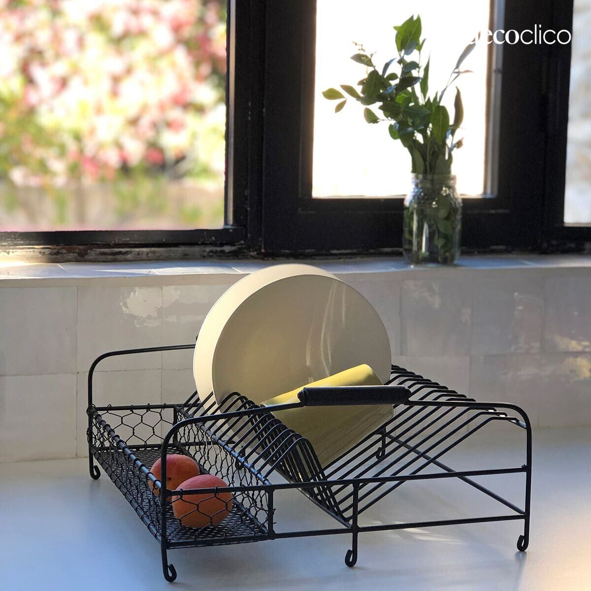 Matt black metal dish rack with wooden handles