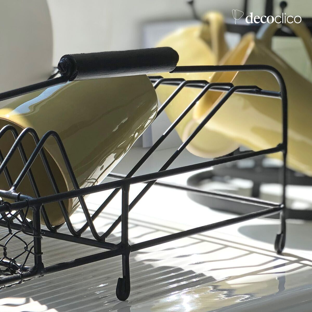 Matt black metal dish rack with wooden handles