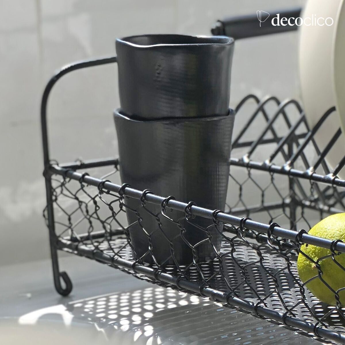 Matt black metal dish rack with wooden handles