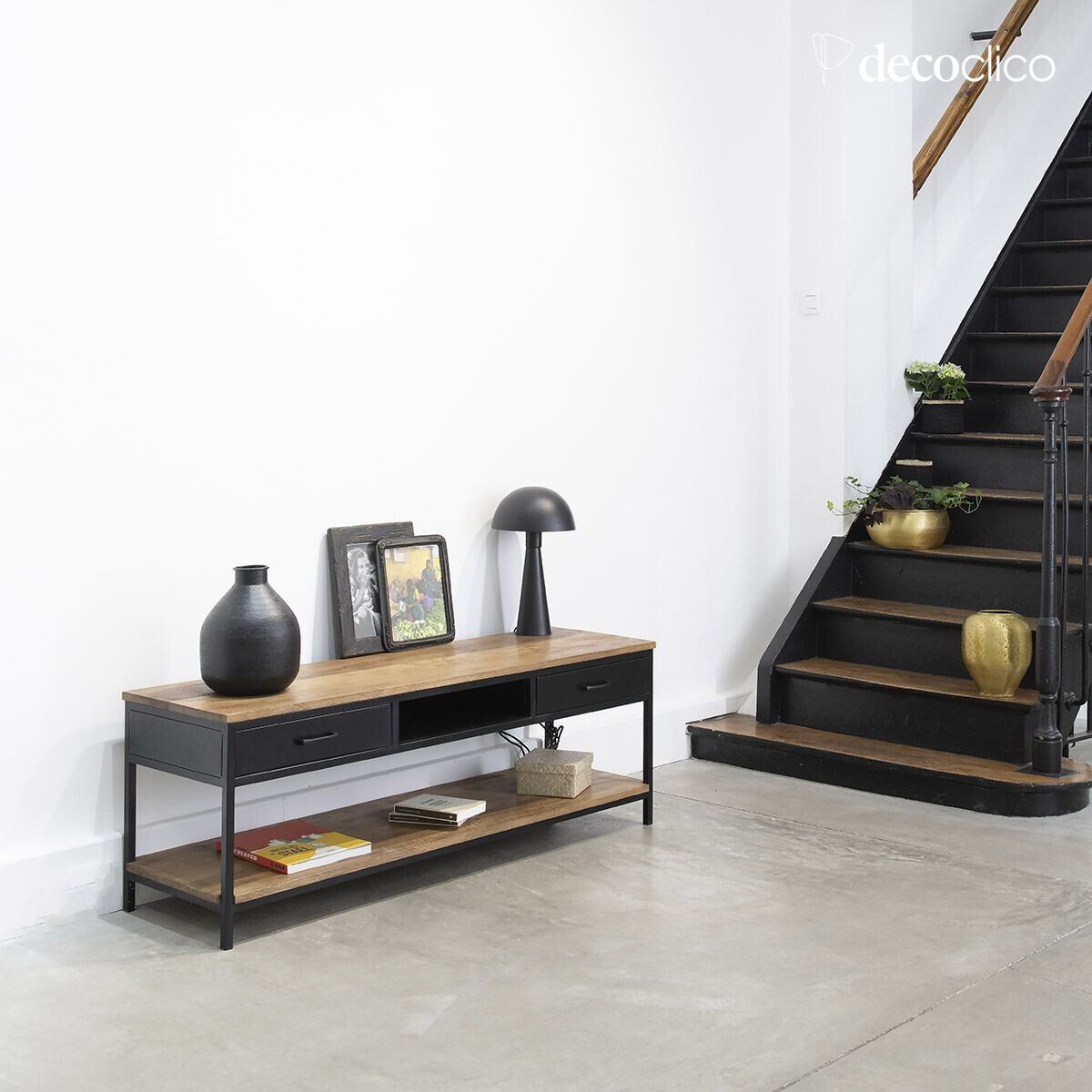 Matzwart metaal en mangohouten TV-meubel 2 laden 1 nis Brooke