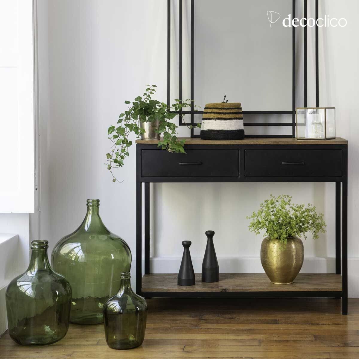 Matzwarte metalen console met mangohouten blad en 2 laden Brooke