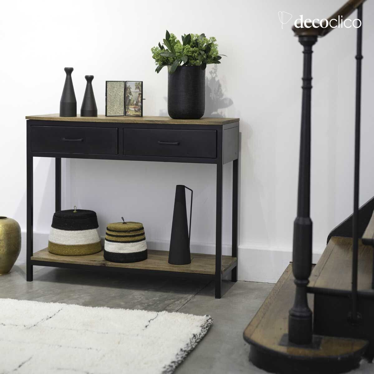 Matzwarte metalen console met mangohouten blad en 2 laden Brooke