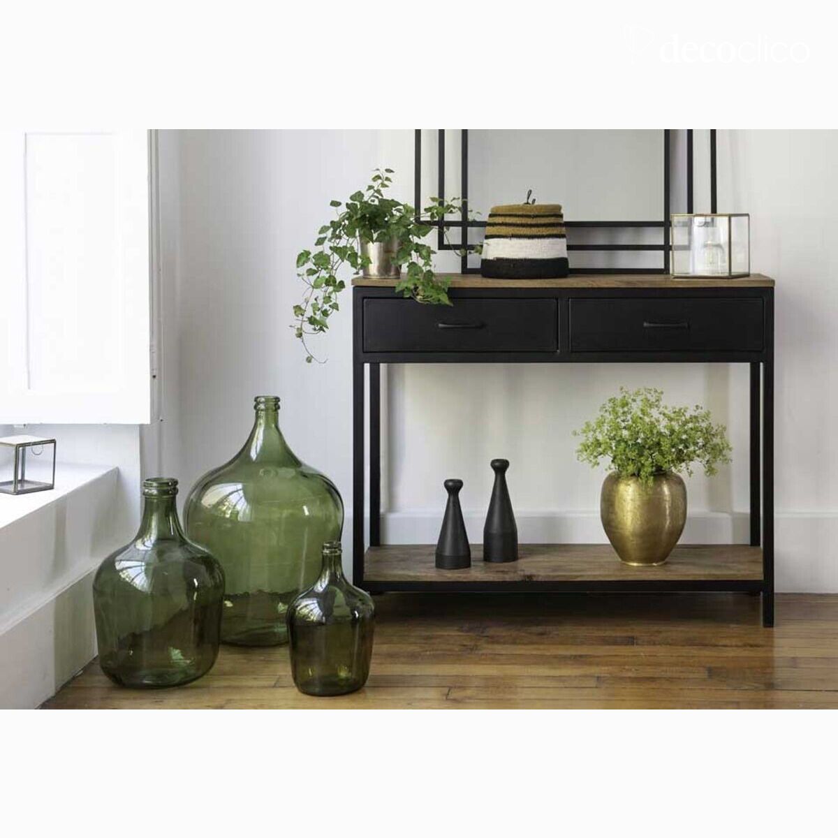 Matzwarte metalen console met mangohouten blad en 2 laden Brooke