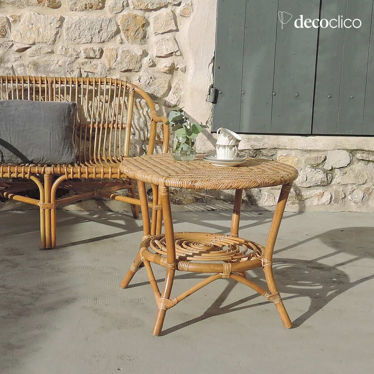 Mesa de centro con base y tablero de mimbre natural trenzado Cabourg