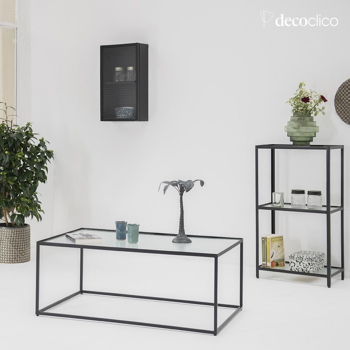 Mesa de centro de metal negro mate con tapa de cristal Nevada