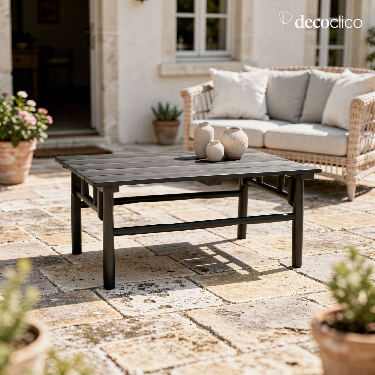 Mesa de centro rectangular de madera de teca teñida de negro mate Pepper